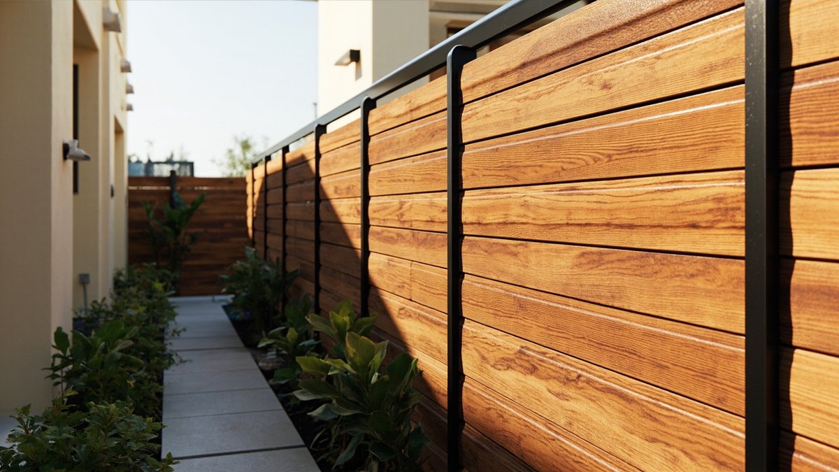 Illustrative concept design: woodgrain aluminium slat privacy fence with black posts along a paved side passage