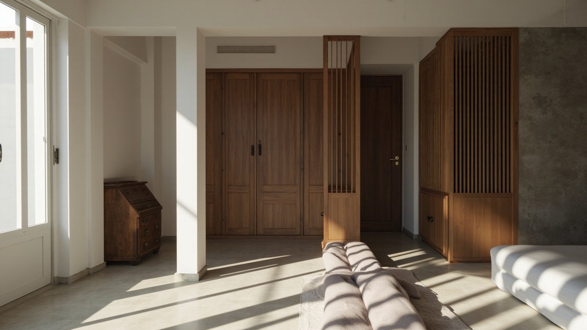 Plaster bulkhead boxing a beam, a slatted foyer screen and an altar cabinet on a solid wall