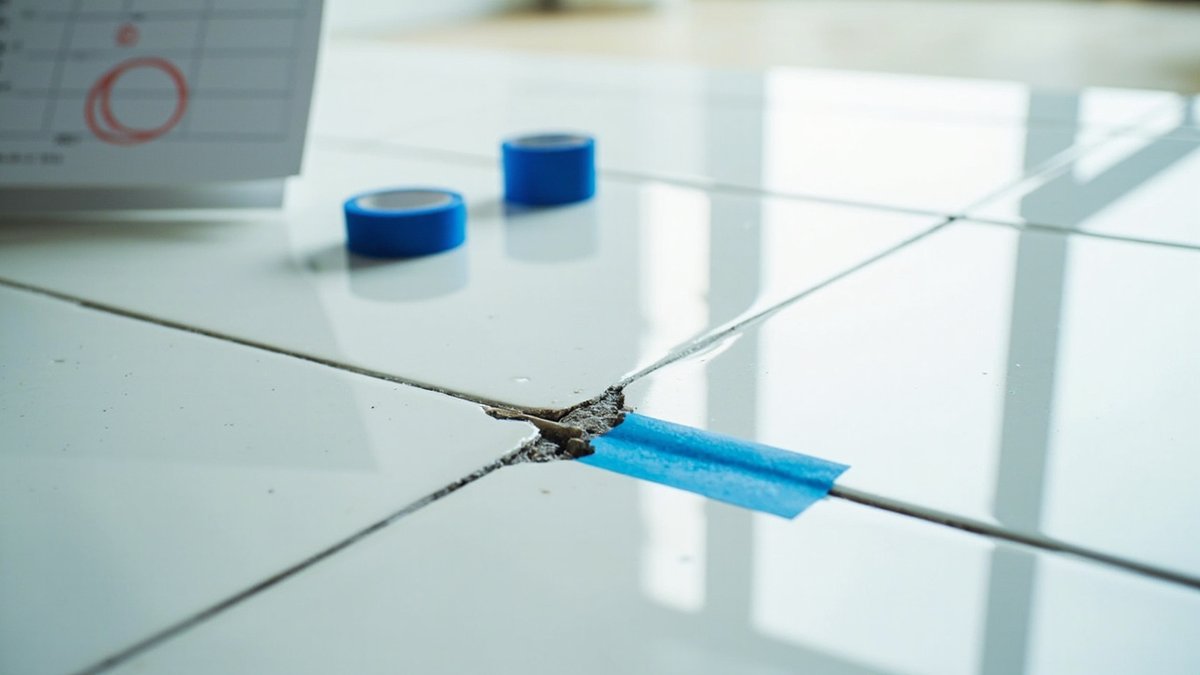 Close-up of a calendar page with a circled deadline beside a cracked grout line and a roll of blue masking tape on a bathroom tile
