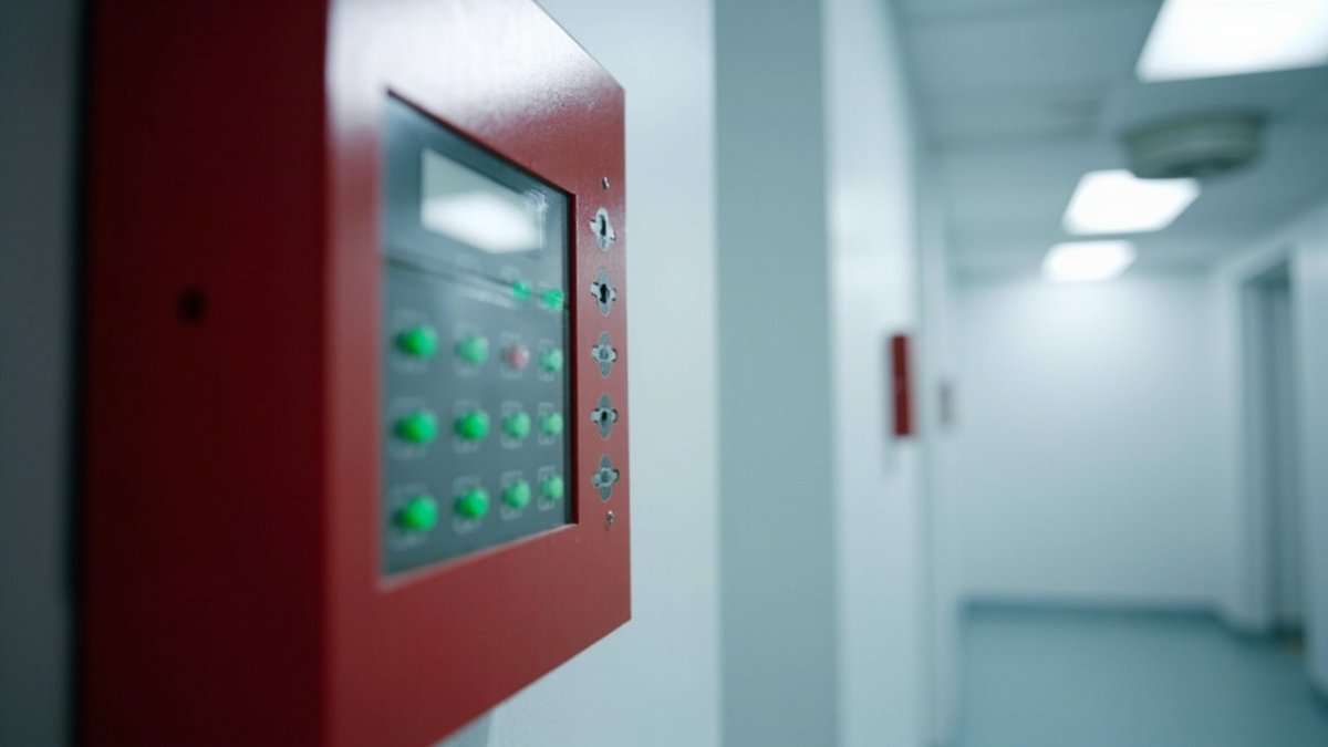 Red fire alarm control panel with zone lights in an electrical room, call point and detector behind