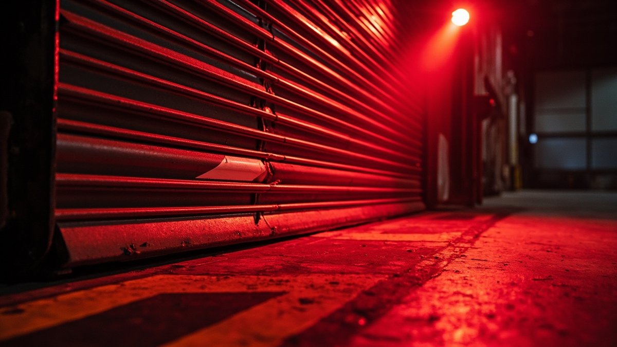 Bottom rail of a grey fire-rated shutter descending in red strobe light over a marked drop zone