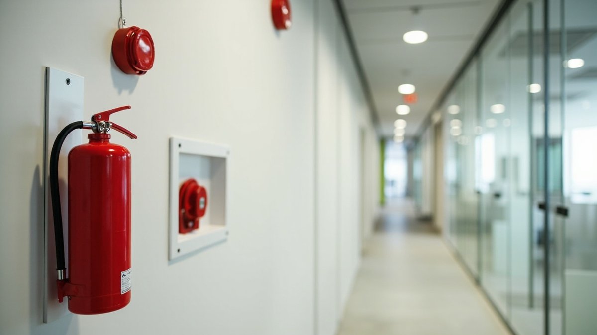 办公室走廊墙上的灭火器、消防卷盘箱、手动报警按钮和天花烟雾探测器