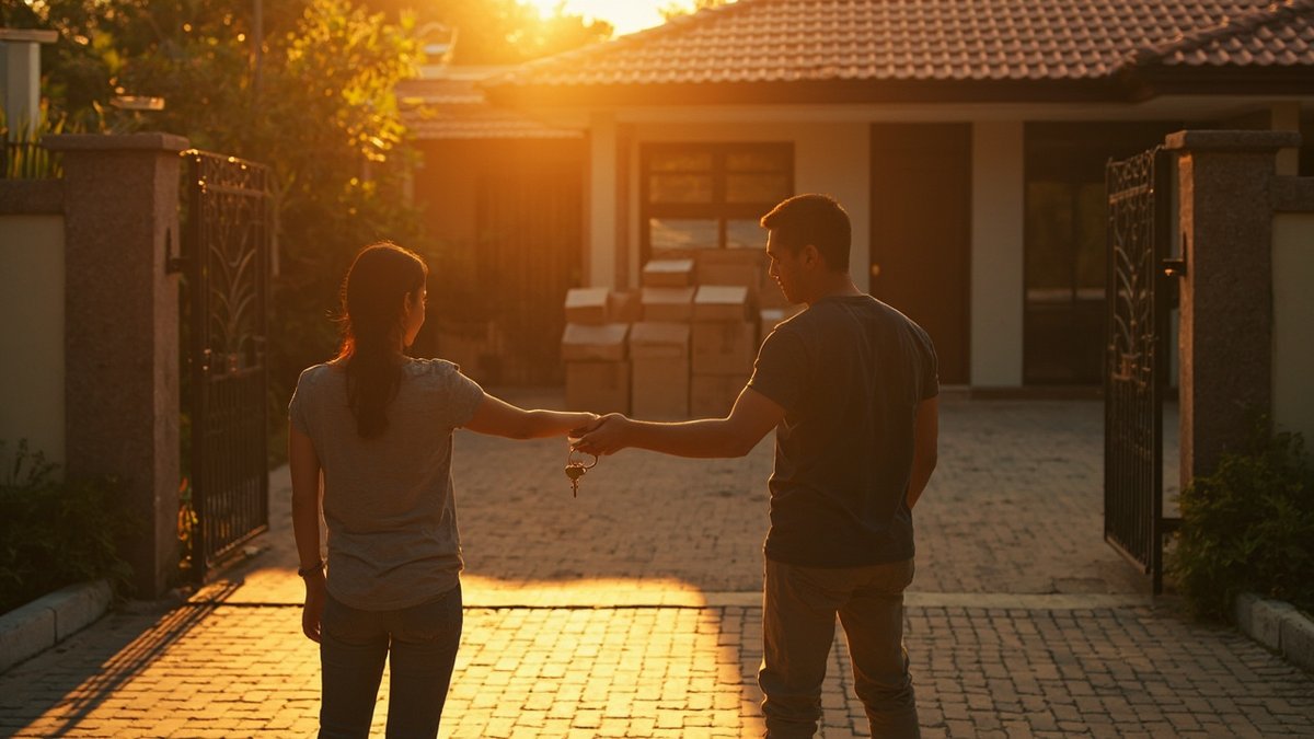 Couple receiving house keys at their new terrace home entrance