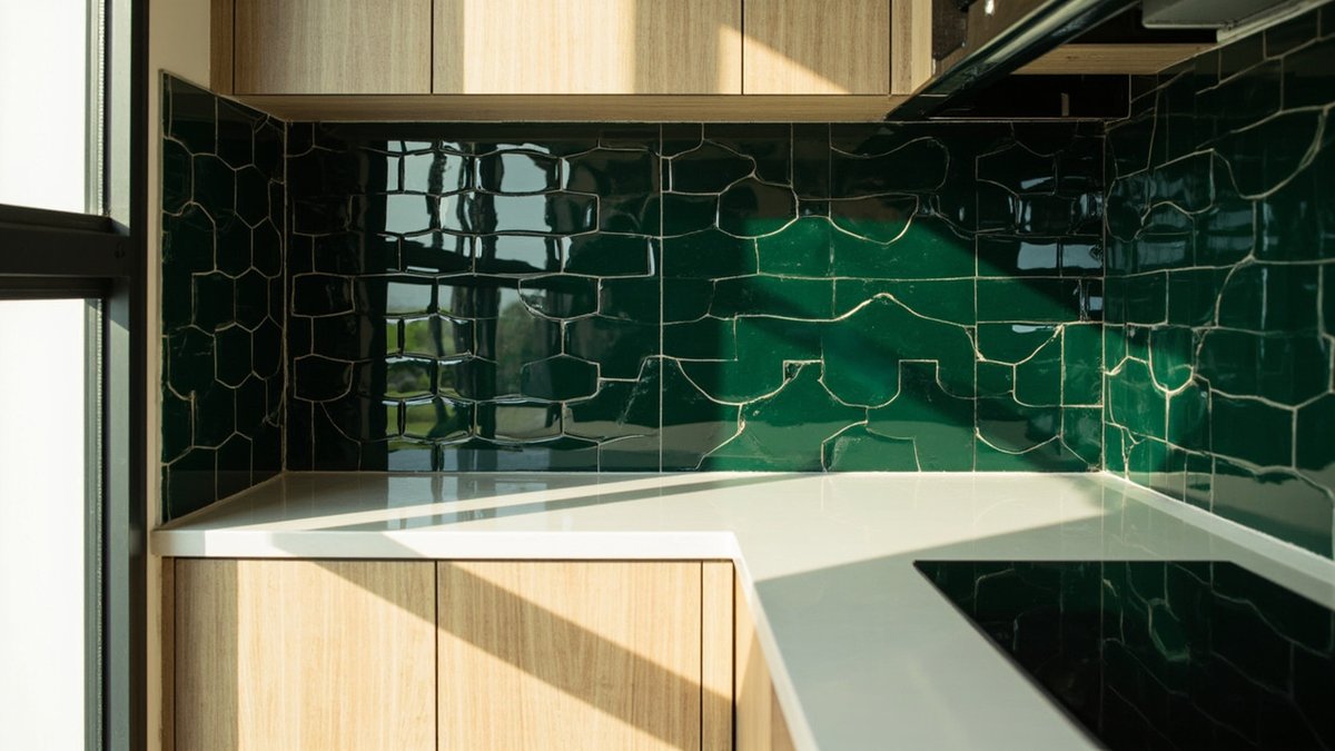 Glossy deep green fish scale tile backsplash above a white kitchen counter