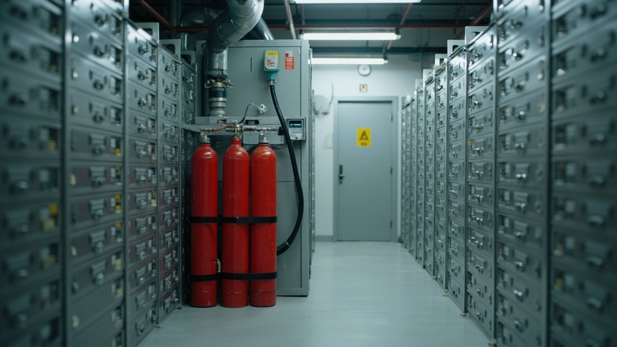 Red gas suppression cylinders on a manifold in the corner of a records archive room with compact shelving