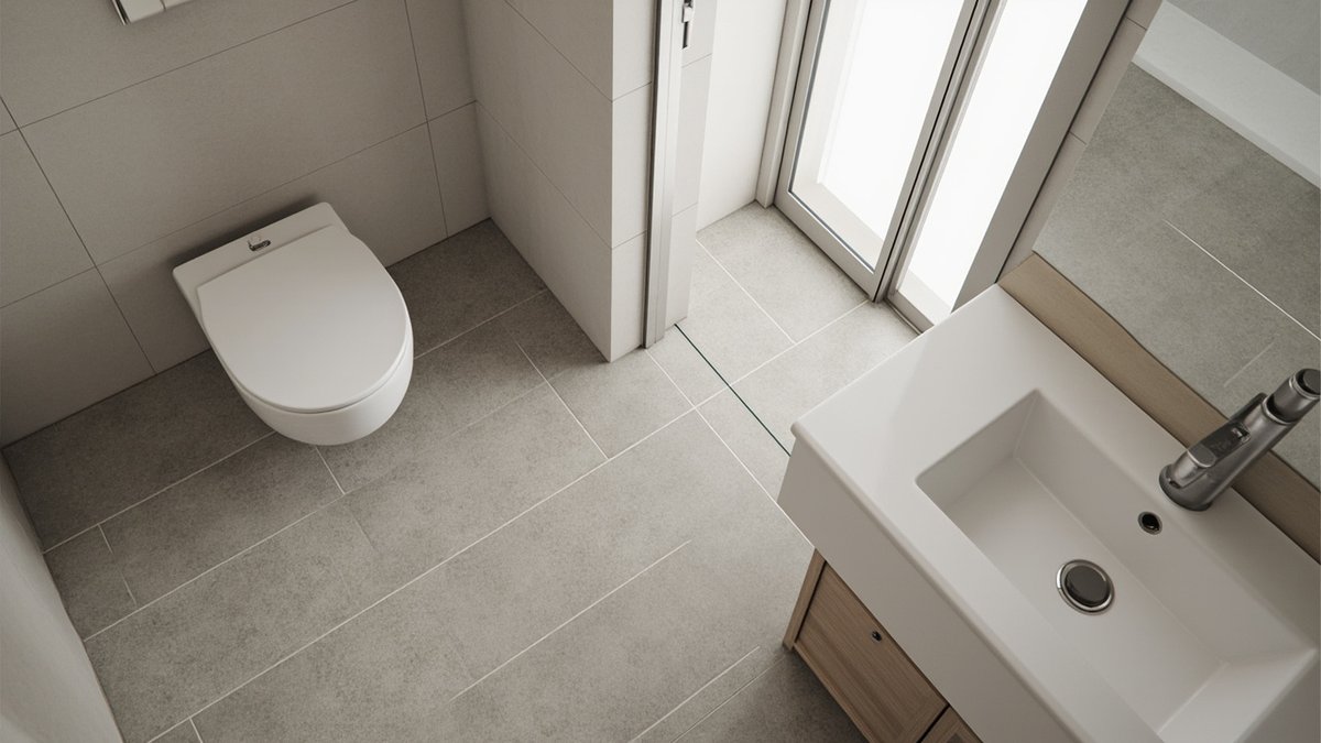 Illustrative concept design: matt textured grey anti-slip floor tiles with a white toilet and a basin on a timber cabinet