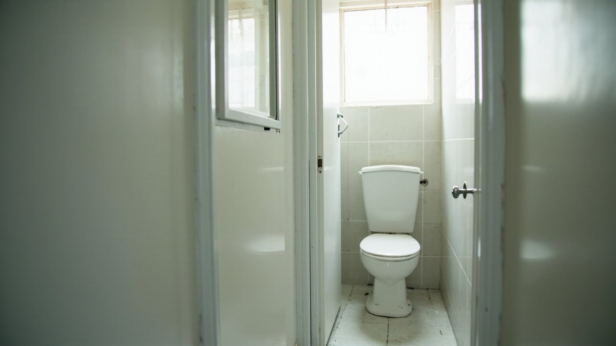 Illustrative concept design: door panels folded back in a narrow doorway to a compact toilet with the lid closed