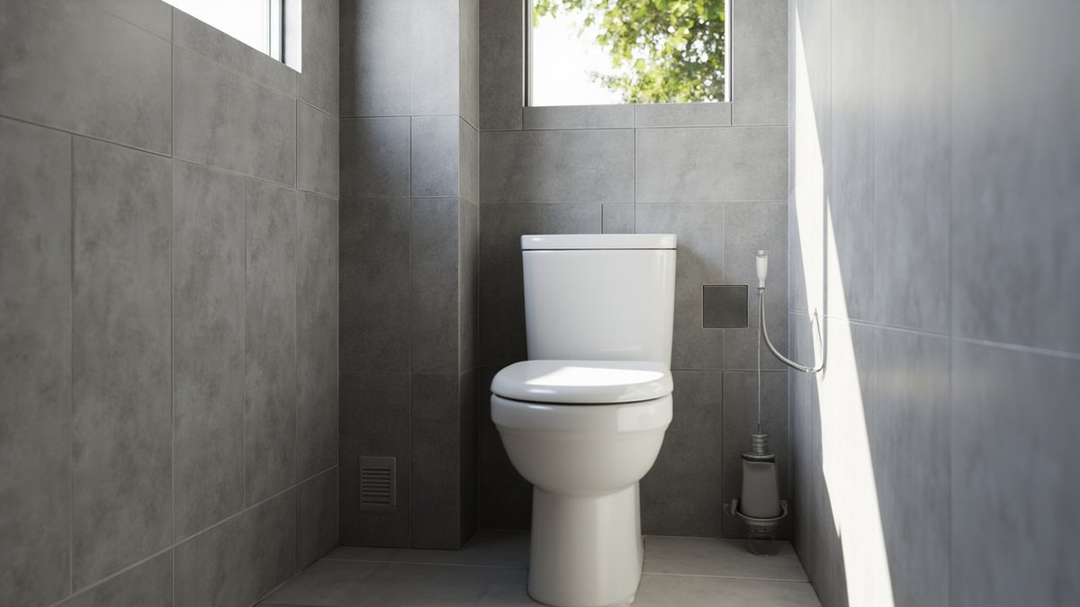 Illustrative concept design: grey-tiled toilet wall with a small square access panel and a vent grille
