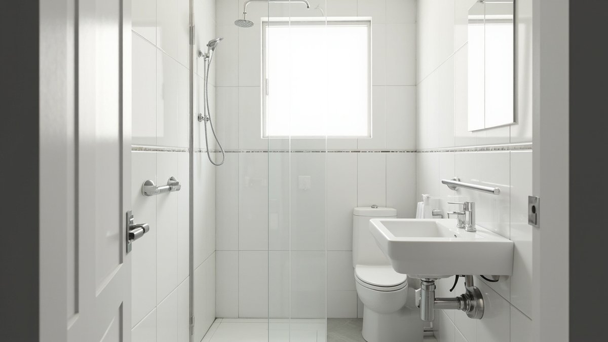 Illustrative concept design: small white bathroom split by one fixed clear glass panel with the toilet and wall-hung basin in front