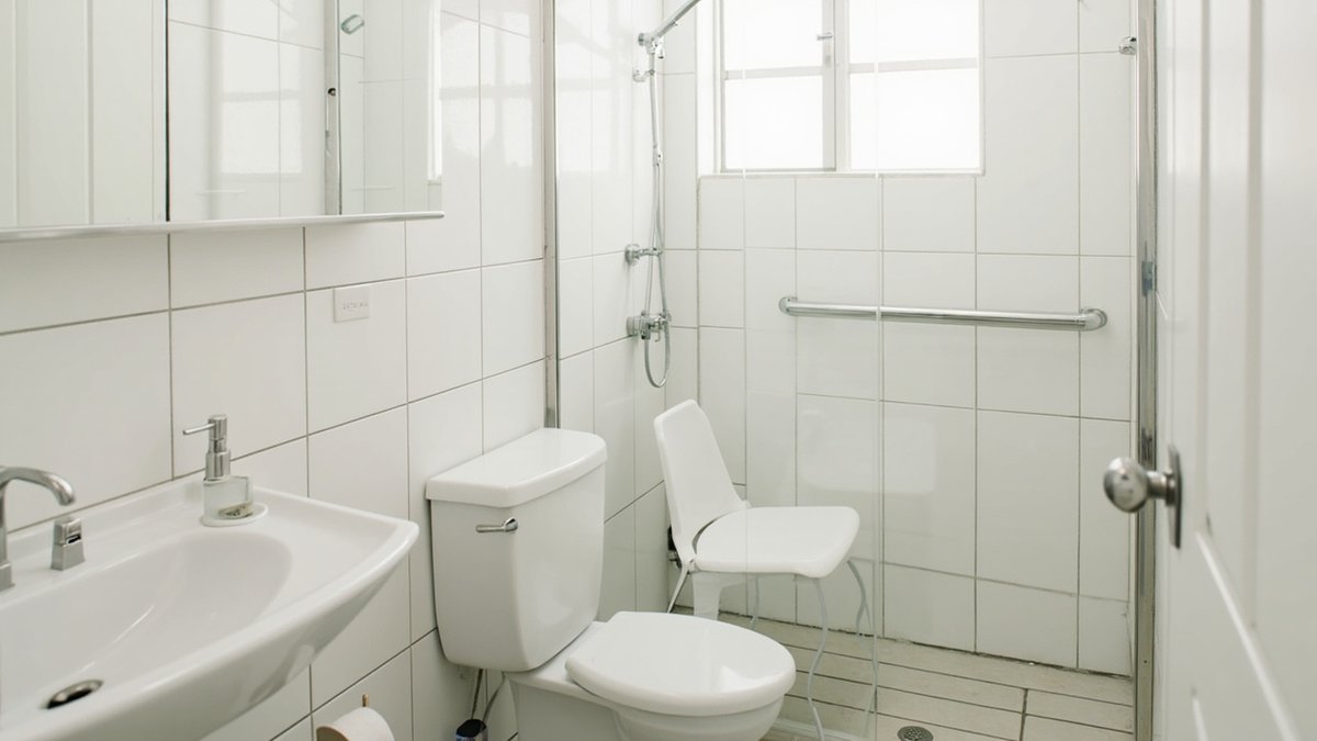Illustrative concept design: stainless grab bar on the shower wall and a white shower chair beside one toilet