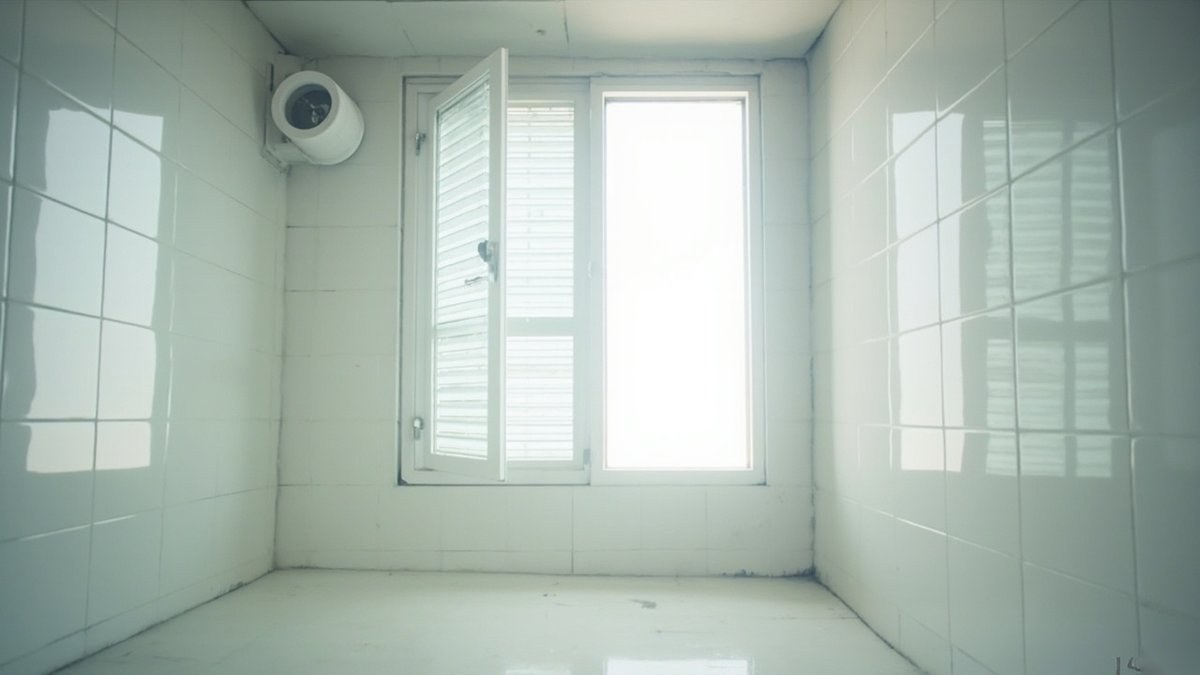 Illustrative concept design: bathroom window with an opened louvred panel and a round exhaust fan beside it