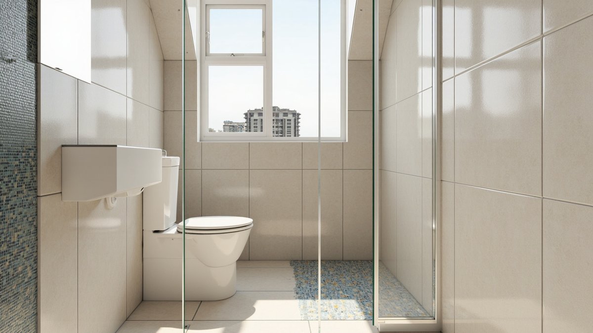 Illustrative concept design: large beige tiles over the walls with old blue mosaic still showing on part of the wall and floor