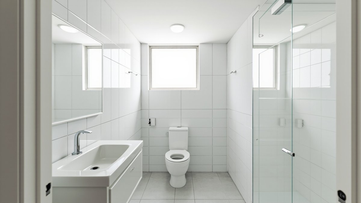 Illustrative concept design: glossy white wall tiles and a long mirror over a white basin in a small flat bathroom