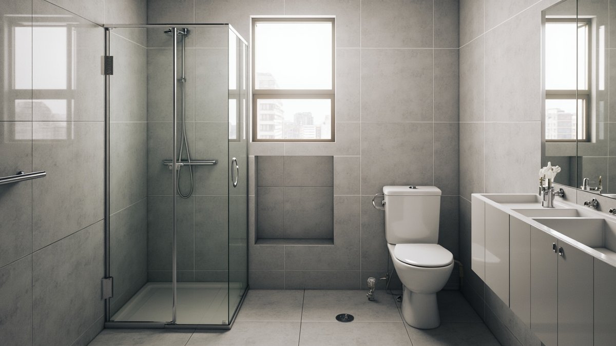 Illustrative concept design: grey-tiled bathroom with a glass shower enclosure and an empty recessed niche beside it