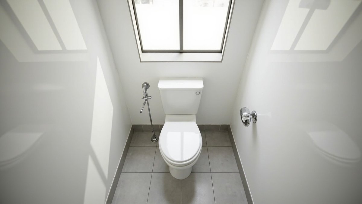 Illustrative concept design: single seated toilet with a bidet spray on a level tiled floor in a small white flat bathroom