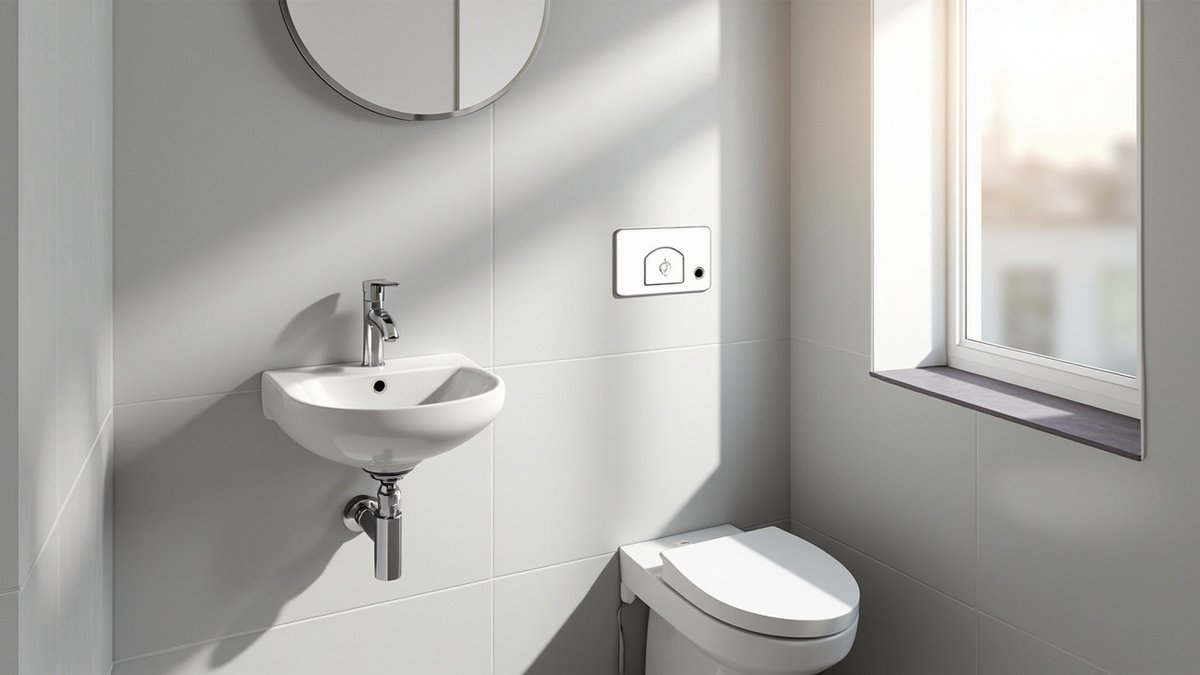 Illustrative concept design: compact wall-hung basin with a chrome bottle trap under a round mirror