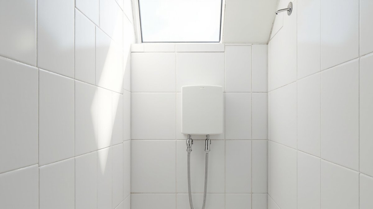 Illustrative concept design: plain white instant water heater on a white tiled shower wall with its hose below