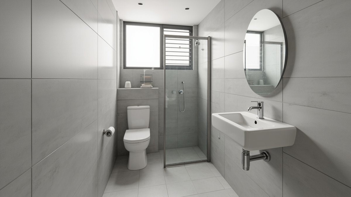 Illustrative concept design: small flat bathroom with one toilet, a wall-hung basin under a round mirror, a glass shower and a high louvred window