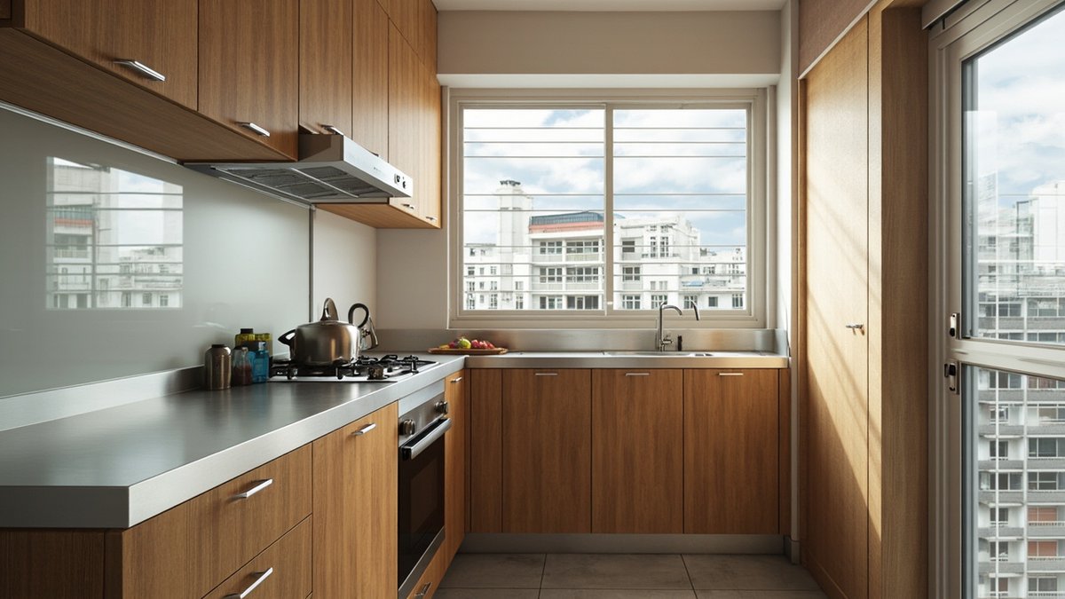 Ilustrasi konsep reka bentuk: kabinet dapur aluminium berkemasan rupa kayu dengan permukaan keluli dan dapur gas