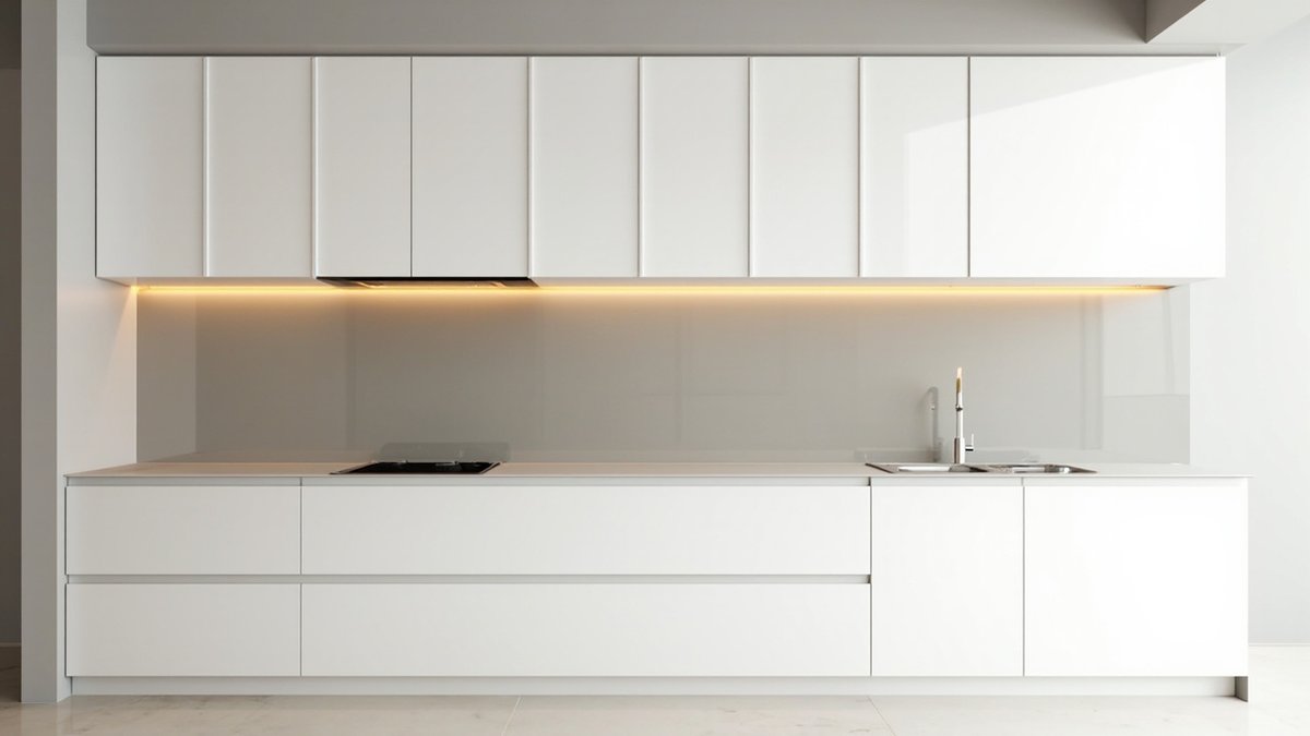 Ilustrasi konsep reka bentuk: dinding dapur putih tanpa pemegang dengan backsplash kelabu pucat berkilat dan jalur LED hangat di bawah kabinet dinding