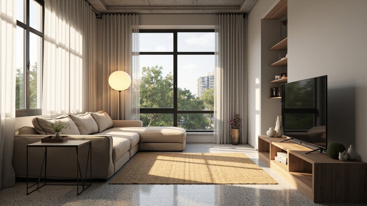 Illustrative concept design: jute rug on an old terrazzo floor with a beige sofa and a globe floor lamp