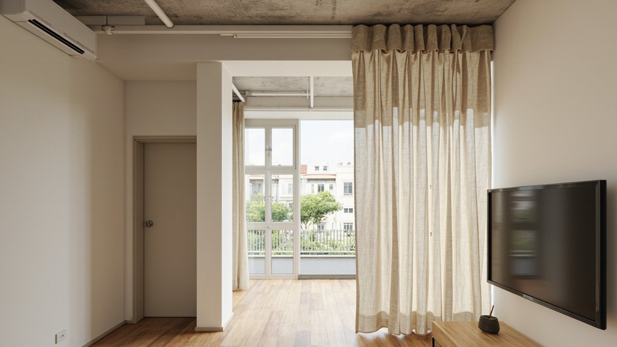 Illustrative concept design: linen curtain on a ceiling track half drawn across the opening to the corridor