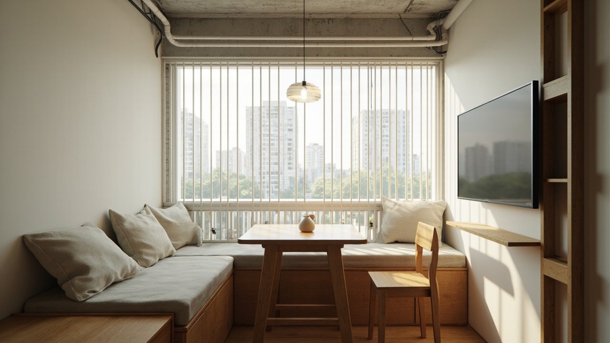 Illustrative concept design: built-in cushioned bench at the grilled window with a small oak table and a glass pendant
