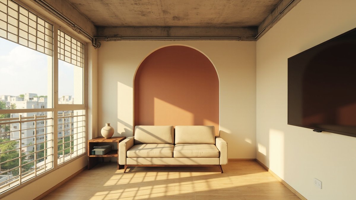 Illustrative concept design: terracotta arch painted on a cream wall behind a beige sofa