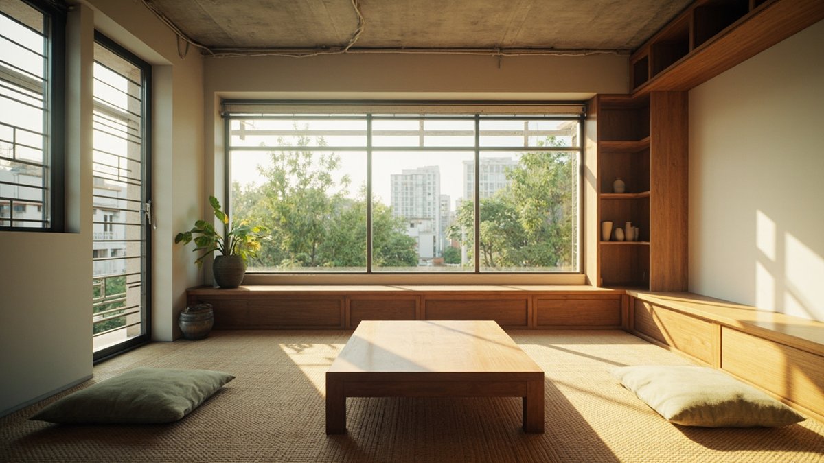 Illustrative concept design: low timber table on a woven floor with floor cushions and a built-in low bench under a wide window