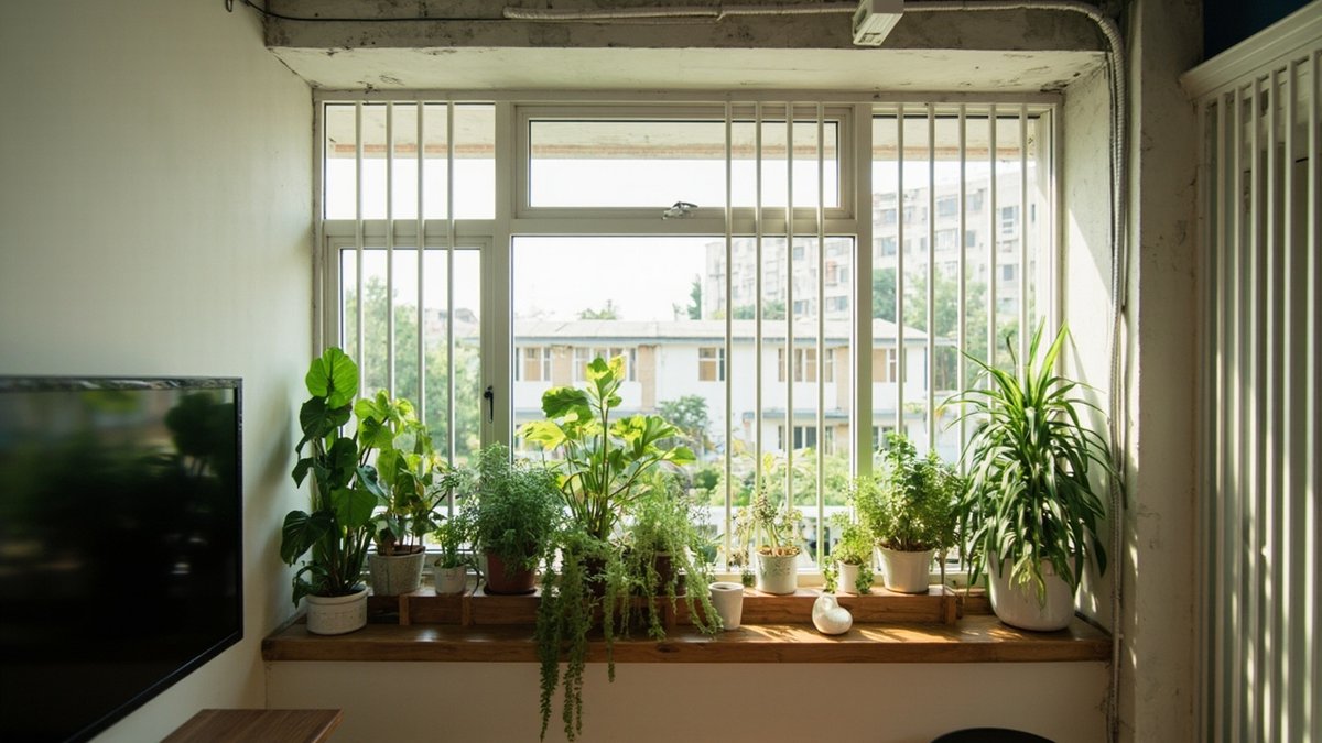 Illustrative concept design: timber planter ledge full of potted plants inside a white grilled window