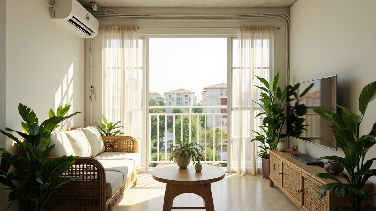 Illustrative concept design: rattan sofa and console, a round timber table and many plants in a bright flat living room