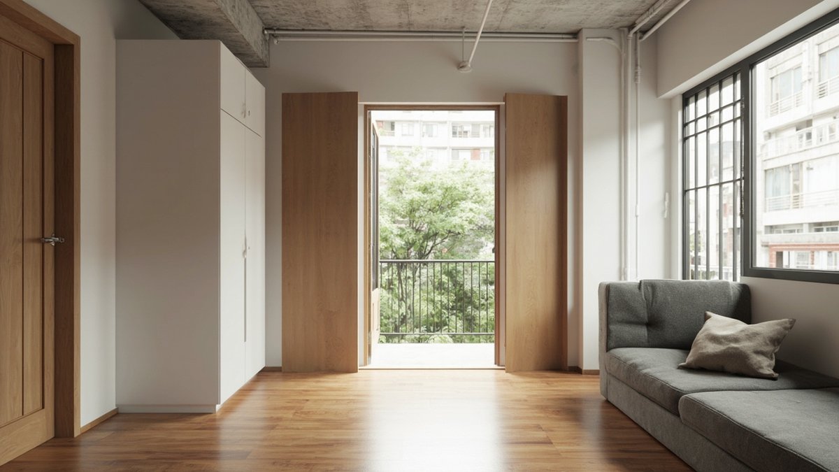 Illustrative concept design: tall white cabinet and timber panels beside the flat's entrance with a grey sofa by a grilled window