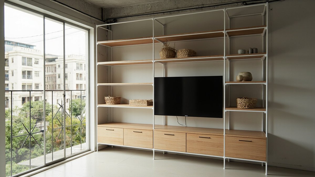 Illustrative concept design: white steel and oak open shelving wall holding a TV, woven baskets and ceramics