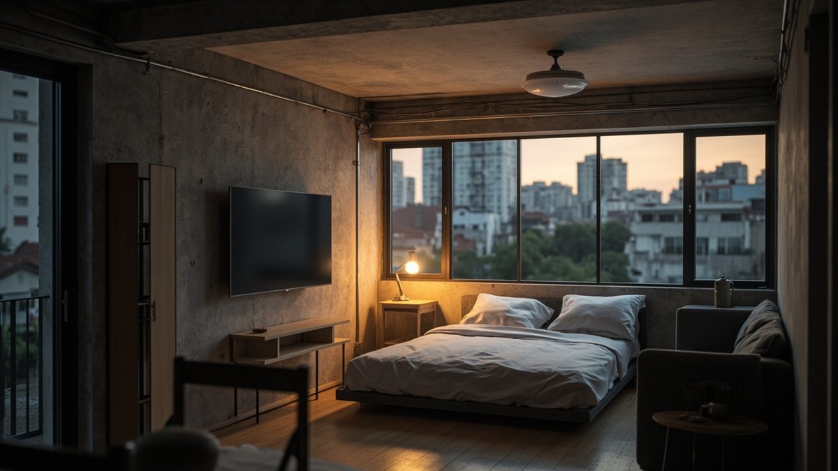 Illustrative concept design: low bed made up for a guest in a concrete-walled flat living area at dusk