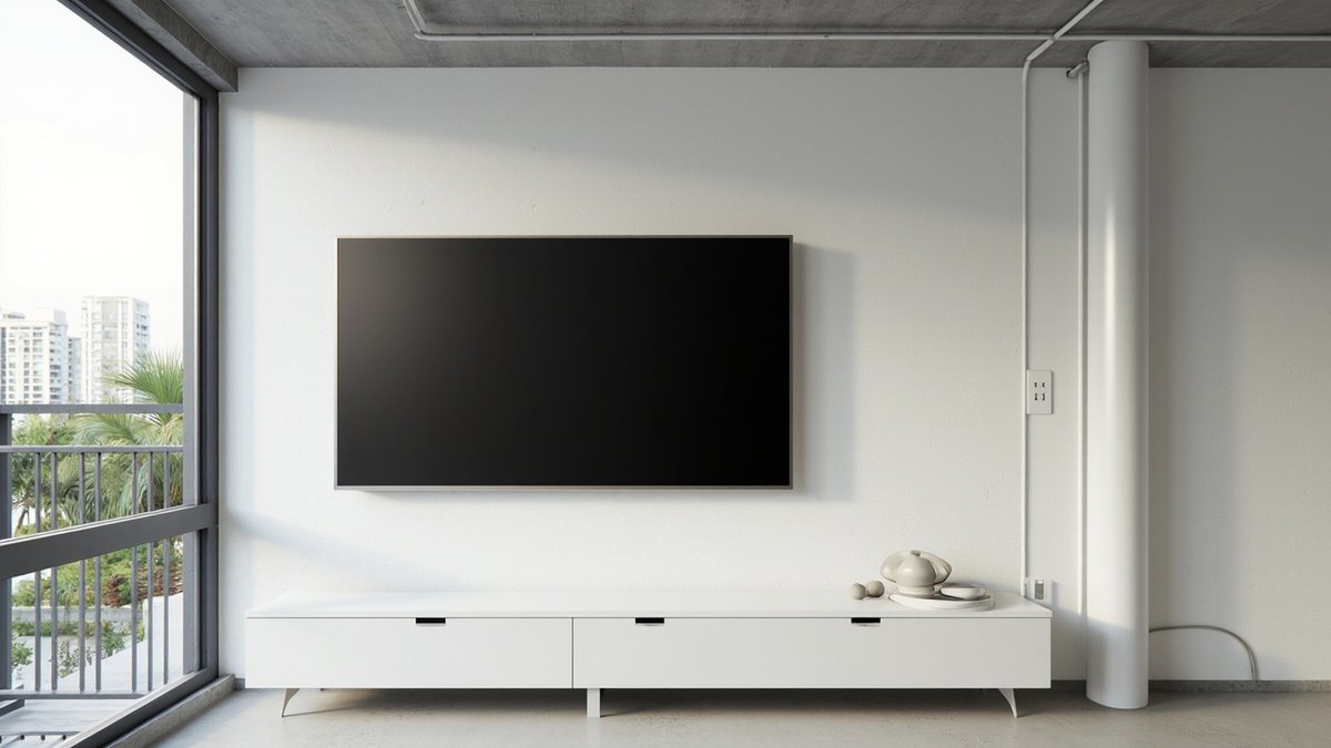 Illustrative concept design: clean white TV wall with a switched-off TV over a low white console and a boxed vertical pipe beside it