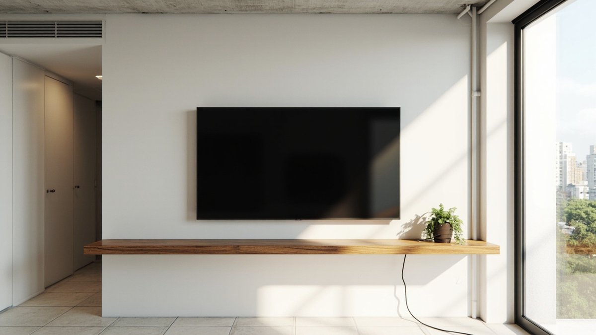 Illustrative concept design: switched-off TV on a plain white wall above one long floating oak shelf beside the corridor opening
