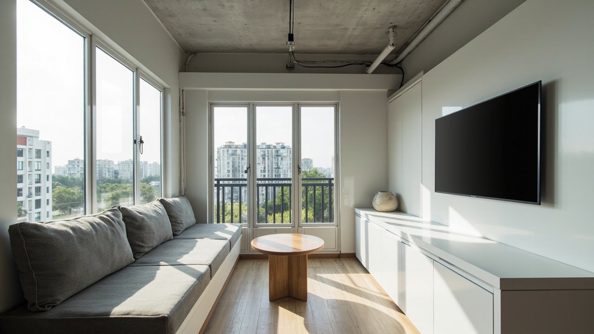Illustrative concept design: built-in bench with grey cushions along the window wall and a round oak table