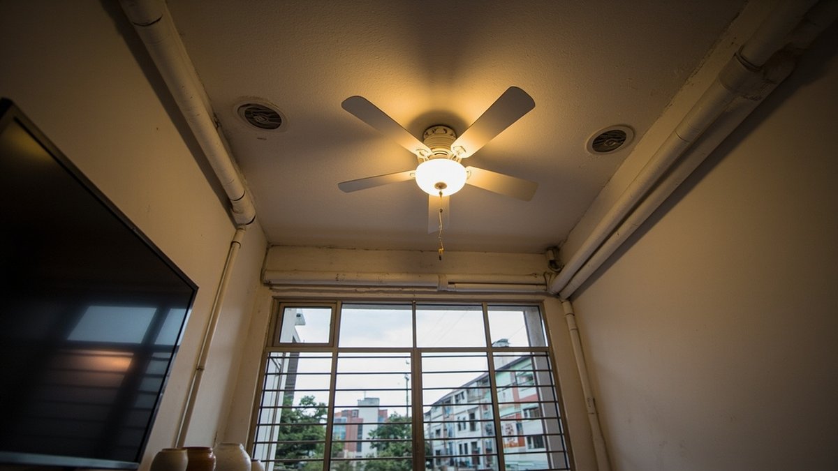 Illustrative concept design: bare concrete flat ceiling with a ceiling fan with a light and two round ceiling fittings