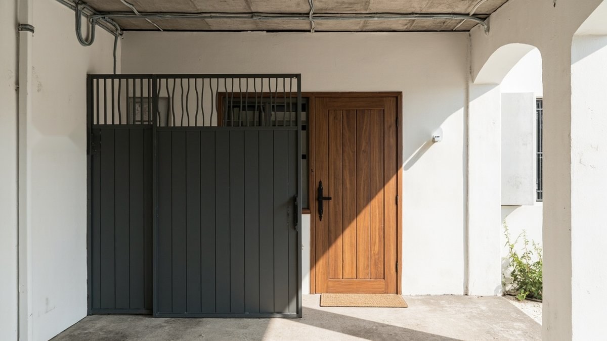 Illustrative concept design: charcoal grille gate in front of a timber main door on a flat's common corridor