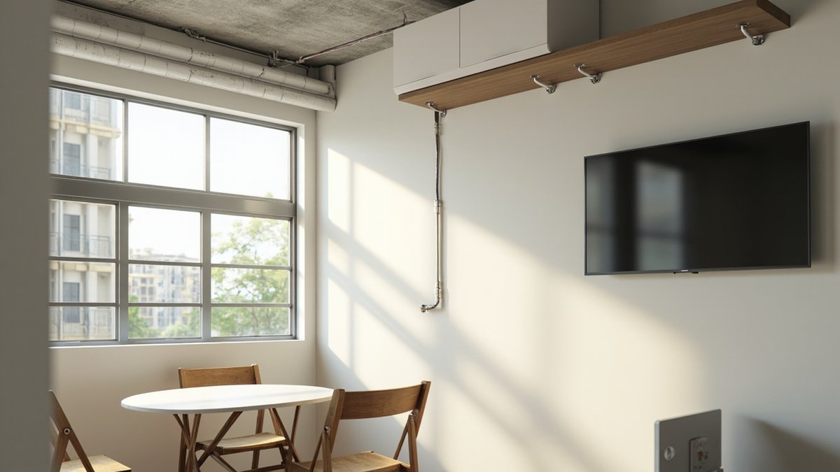 Illustrative concept design: small round table with two folding chairs by a window and a wall shelf with hooks