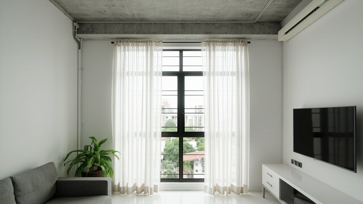 Illustrative concept design: black-framed grilled window with full-length sheer curtains beside a grey sofa