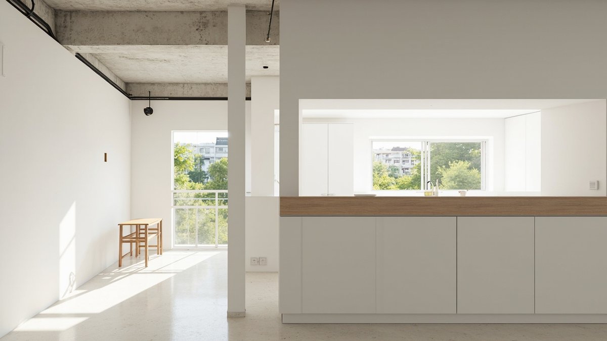 Illustrative concept design: wide serving opening with a timber sill in the wall between a white kitchen and the dining area