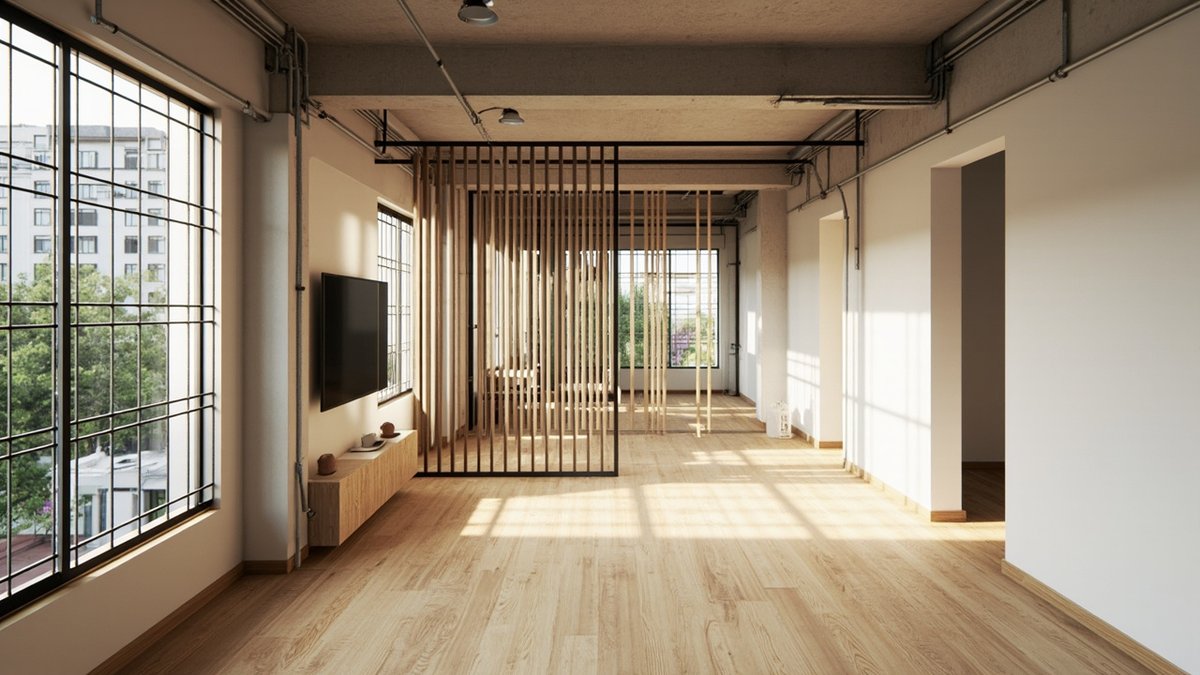 Illustrative concept design: long flat with a screen of timber slats on a black frame dividing the living area from the corridor