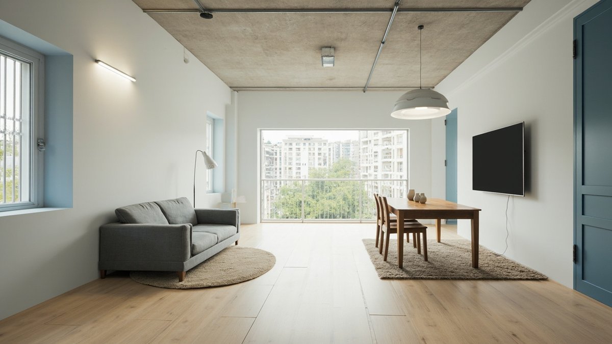 Illustrative concept design: long narrow flat room zoned by a round rug under the sofa and a rectangular rug under the dining table