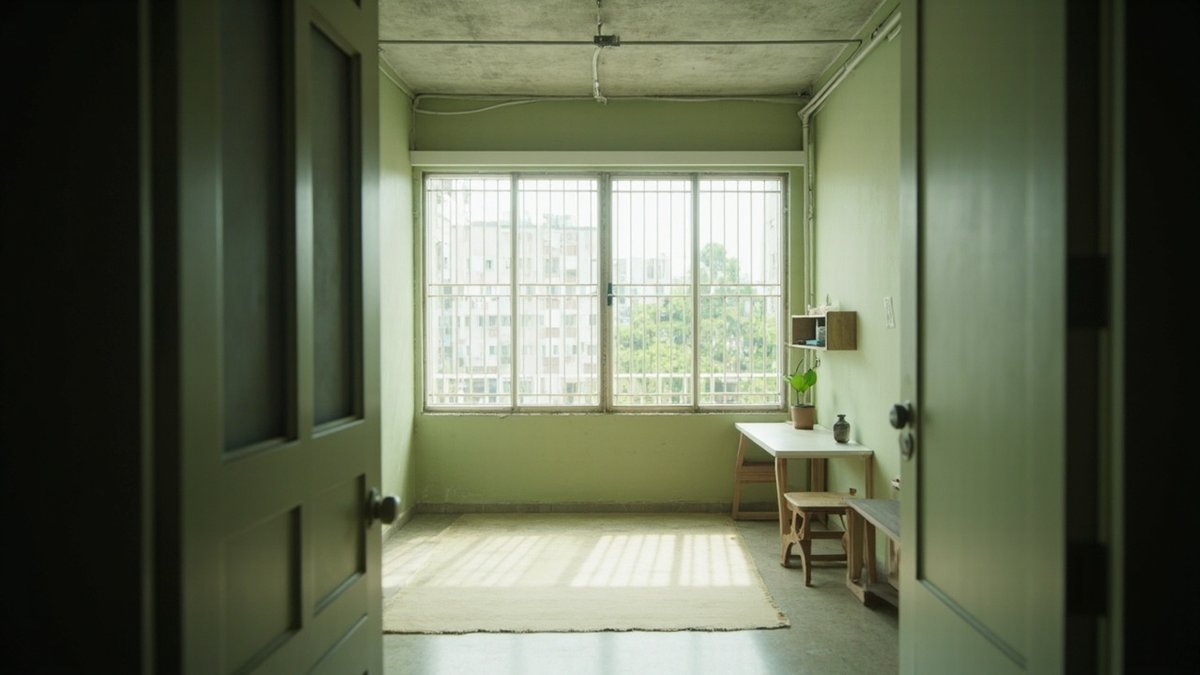 Illustrative concept design: small sage-green room with a plain mat by the grilled window, a small desk and a wall shelf