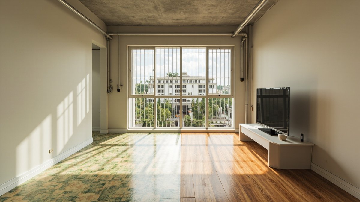 Illustrative concept design: floor half in new oak-look vinyl planks and half in old green and cream mosaic