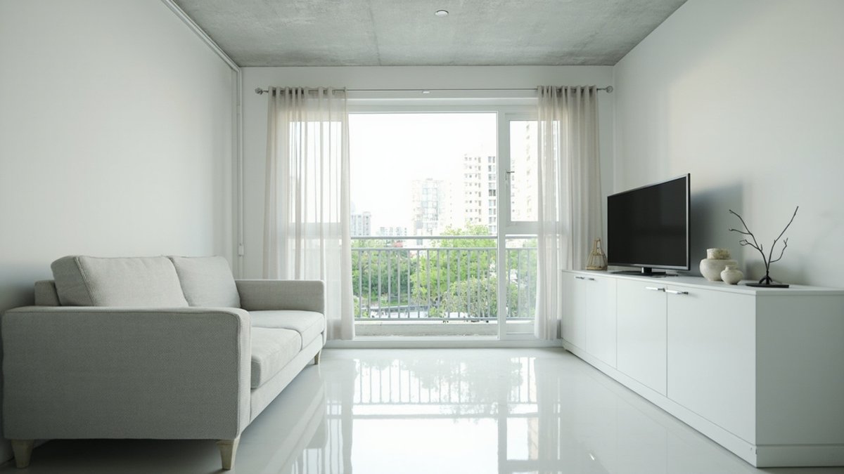 Illustrative concept design: all-white flat living room with a white sofa, white low cabinets and a glossy white floor