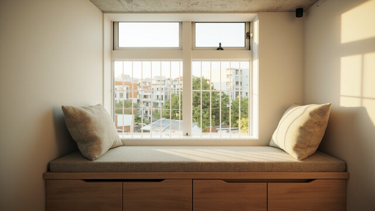Illustrative concept design: timber window seat with drawers and a cushion under a white grilled window