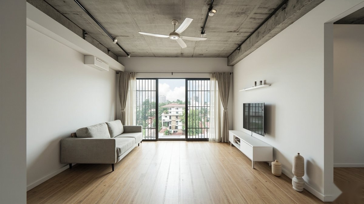Illustrative concept design: older flat living room with a bare concrete ceiling, a ceiling fan, grilled balcony doors with sheers, a grey sofa and a white TV console