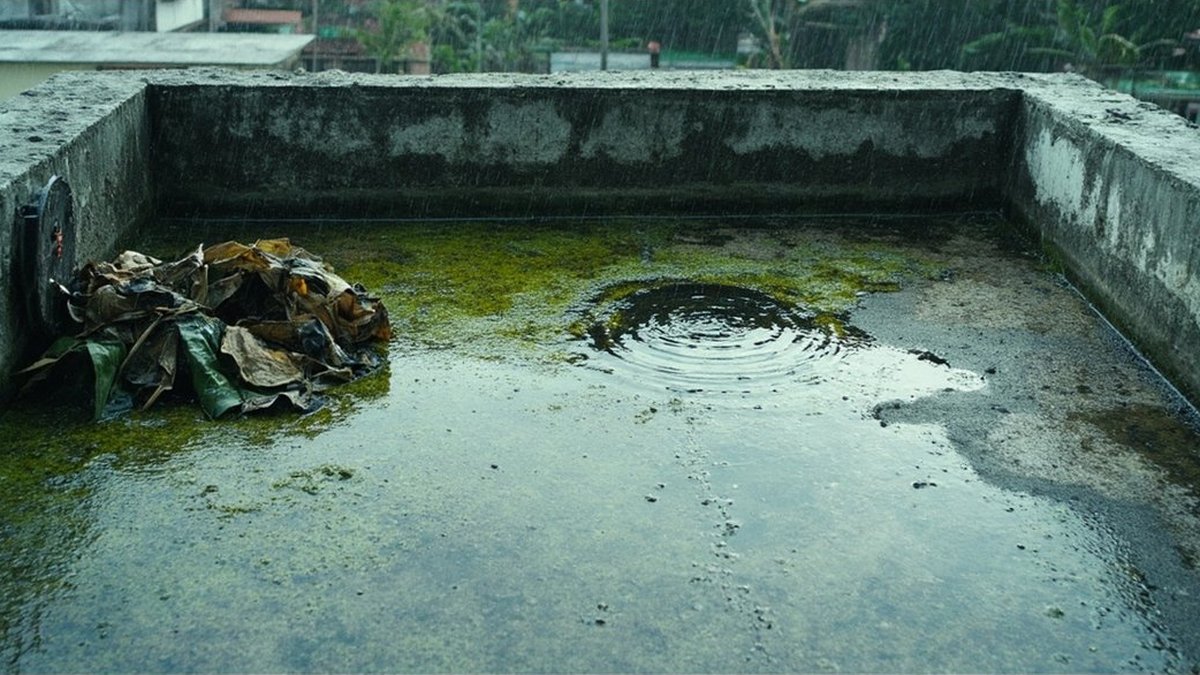 Lopak cetek dengan kesan paras air atas bumbung konkrit rata, jauh dari saluran keluar yang tersumbat daun